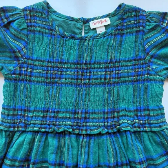 Cat & Jack Green & Blue Plaid Smocked Short Sleeve Dress Girls Size 5T NWOT - Picture 3 of 8